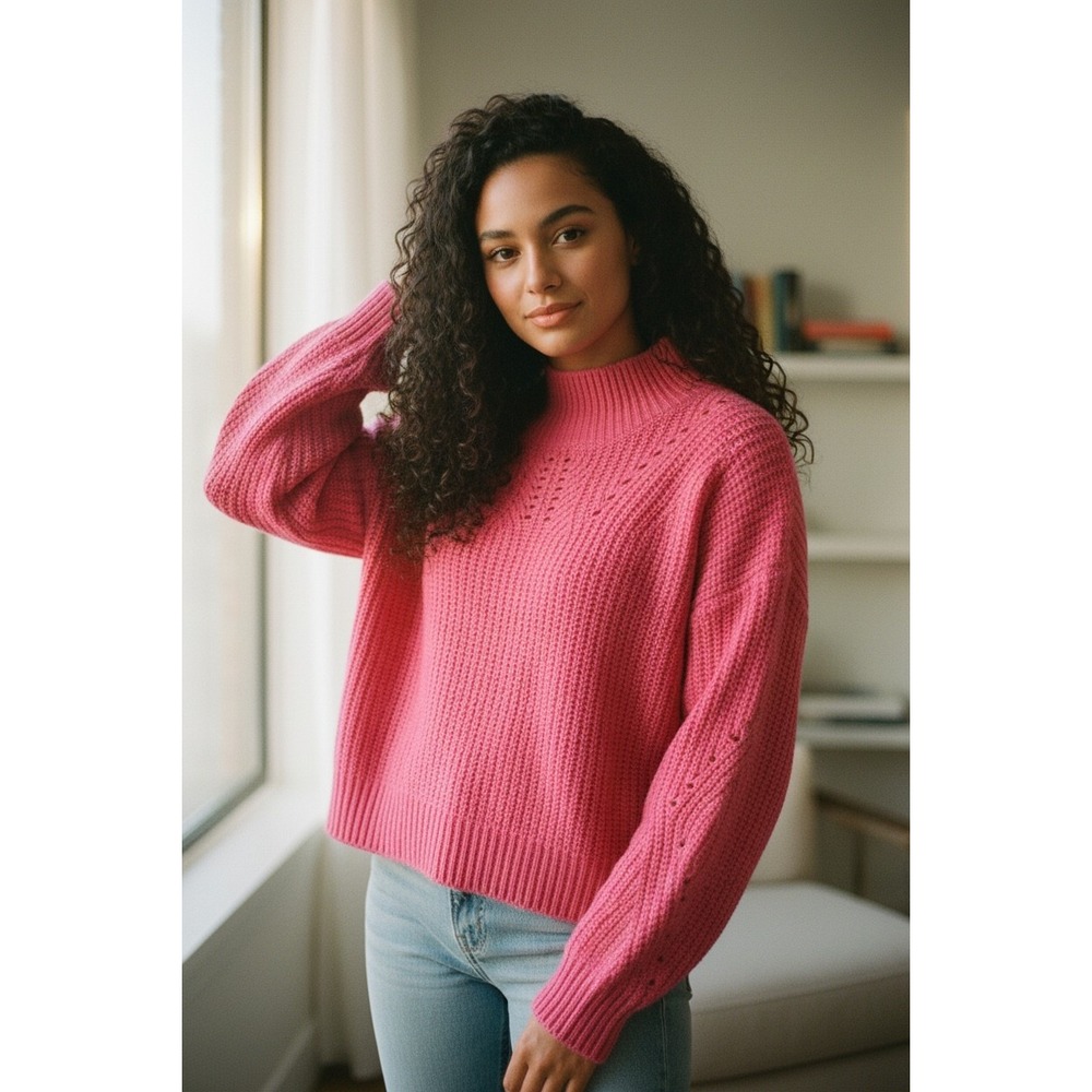 BLANKNYC Hot Pink Mock Neck Pointelle Ribbed Chunky‎ Knit Sweater Fuchsia Medium
